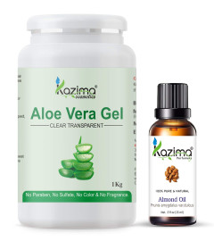 KAZIMA Combo of Aloe Vera Gel 1Kg & Almond Carrier Oil 15ml - 100% Pure & Natural for Skin, Face, Acne Scars, Hair, Moisturizer & Dark Circles (Combo of 2) (Free World Wide Shipping)