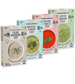 NutriSnacksBox Instant Protein Soup Combo Packets, Ready To Cook Healthy Soup, Italian Mushroom Soup, Broccoli Almond Soup, Green Immunity Soup, and Tomato Soup (Pack of 4 x 100g) (Free World Wide Shipping)