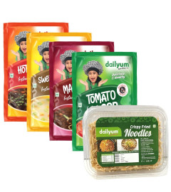 Dailyum Instant Soup Combo of 5 | No Onion No Garlic| Manchow Soup 50g | Sweet Corn Soup 50g | Tomato Soup 50g | Hot N Sour Soup 50g | Crispy Fried Noodles 200g | Natural | No MSG | Jain (Free World Wide Shipping)