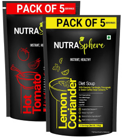 NutraSphere Diet Lemon Coriander, Tomato Soup Packets Combo. Diet Management, High Fibre, Diabetic Friendly (Instant, No MSG, Preservative Free, Sugarfree, Gluten Free)- 5 Sachets Each (Free World Wide Shipping)
