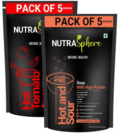 NutraSphere Tomato, Hot n Sour Soup Packets Combo. High Protein, High Fibre (Instant, No MSG, Preservative Free, Sugarfree, Gluten Free, Diabetic Friendly) - 5 Sachets Each (Free World Wide Shipping)